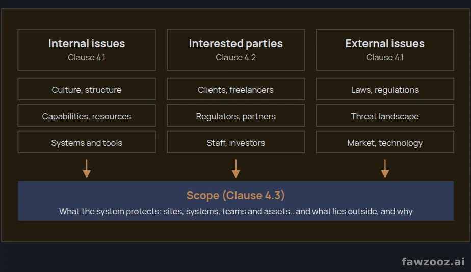 Context defines scope: internal and external issues and interested parties