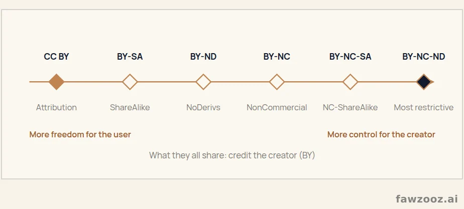 Creative Commons licences: from most permissive to most restrictive