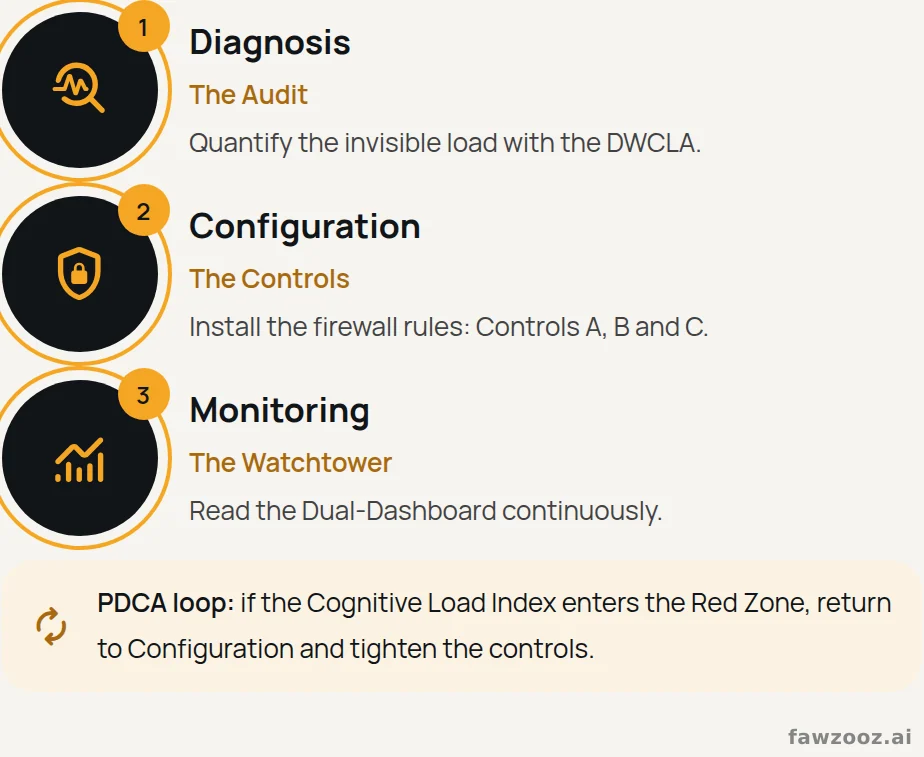 The three-phase implementation roadmap, run as a continuous improvement loop.