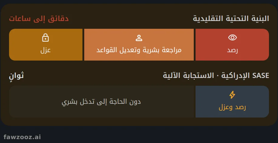 زمن الاستجابة حتى العزل: أتمتة الاحتواء تزيل حلقة القرار البشري فتختصر نافذة الاستجابة من دقائق أو ساعات إلى ثوانٍ؛ ويعتمد الزمن الفعلي على قواعد الرصد وفواصل إبلاغ الوكلاء. الأشرطة توضيحية وليست نتائج قياس.