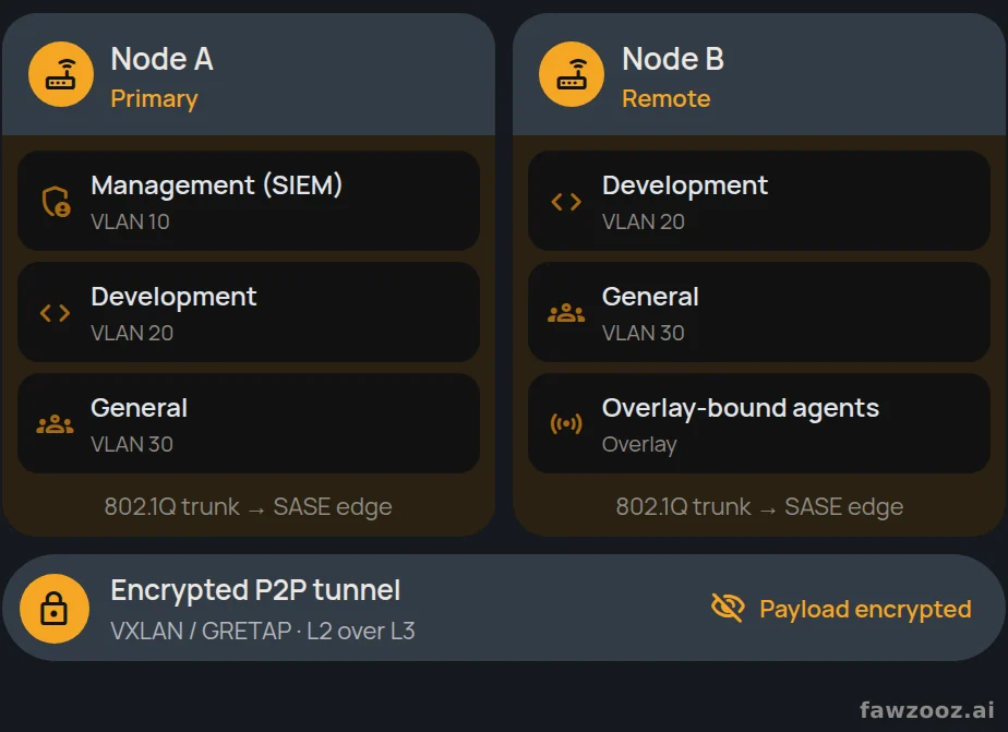 Hybrid mesh–VLAN convergence: local 802.1Q zones carried across the encrypted Layer 3 overlay via Layer 2 encapsulation (VXLAN/GRETAP) or routed-subnet mapping.