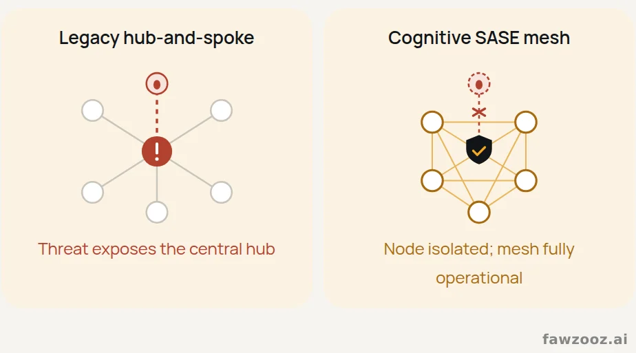 Compromised-edge scenario. A centralized topology concentrates exposure at the hub; the mesh withdraws the affected node while any-to-any reachability persists.