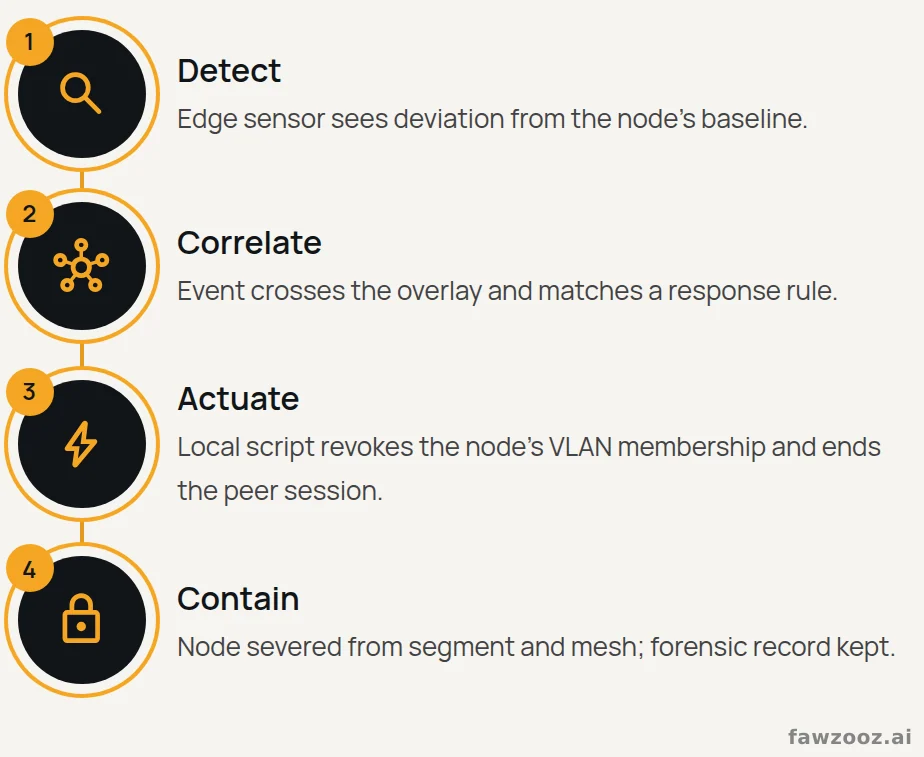 Automated threat isolation workflow, executed end-to-end inside the overlay.