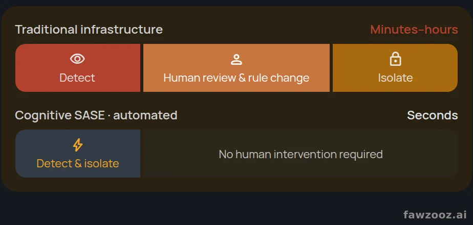 Incident response, time-to-isolate. Automating containment removes the human decision loop, reducing the response window from minutes–hours to seconds; actual latency depends on detection rules and agent reporting intervals. Bars are indicative, not measured.