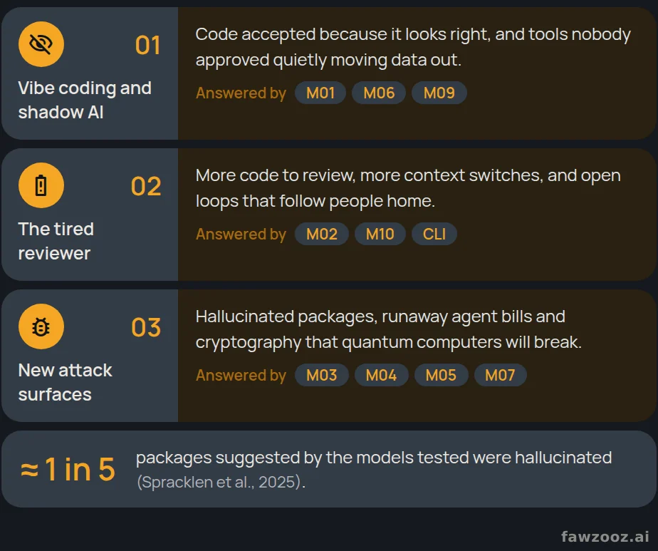 Three pressures AI puts on software delivery, and the modules that answer each.