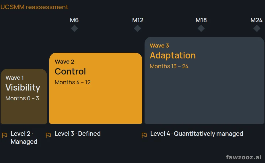 Three waves over 24 months, with a UCSMM reassessment every six months.