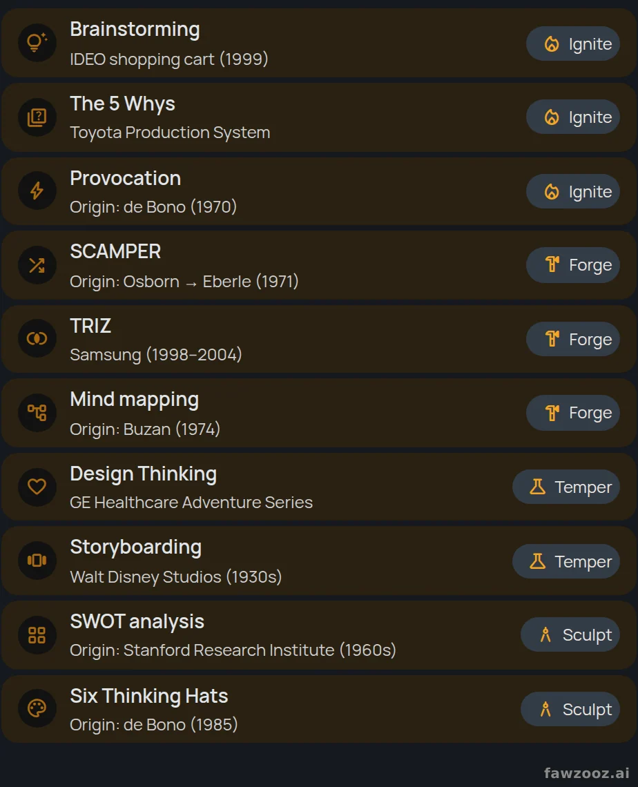 Ten techniques mapped to InnovaForge stages, with a documented case or origin for each.