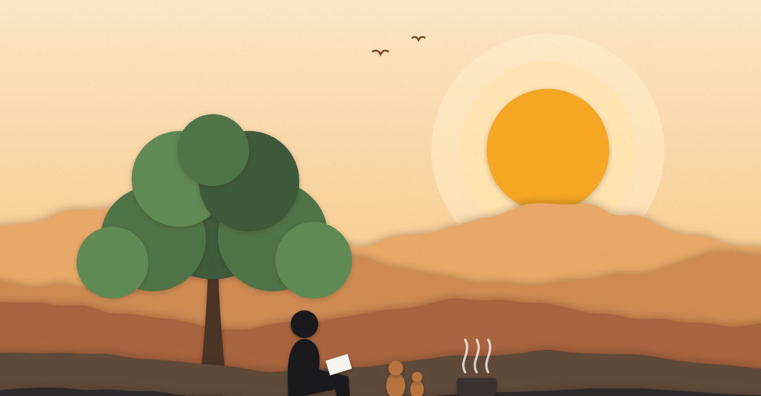 A drawing: Fawzooz sits under a giant tree at sunset writing in a notebook, beside small clay figures and a steaming pot