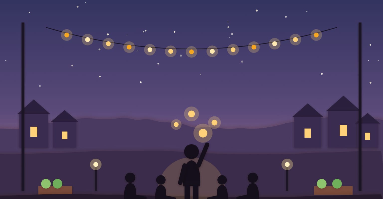 A drawing: the villagers sit at night under a string of lights, and Fawzooz raises his hand among glowing ideas